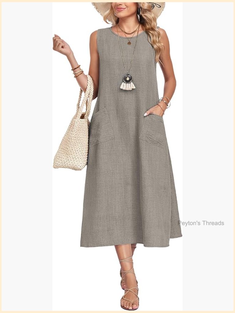 Womens Sleeveless Crewneck Midi Sundress With Pockets